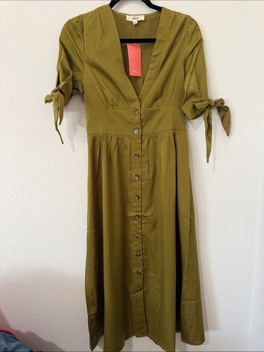 Madeline Olive Midi Button-Front Dress with Tie Sleeves